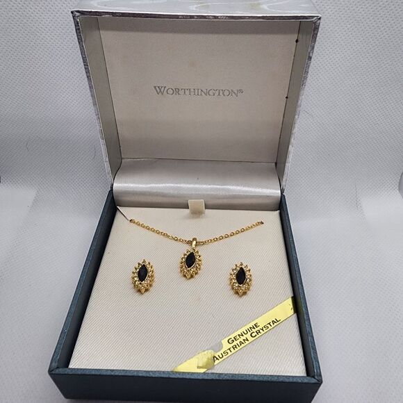 NIB Worthington Genuine Austrian Crystal Gold & Black Necklace & Earrings Set - Picture 1 of 2
